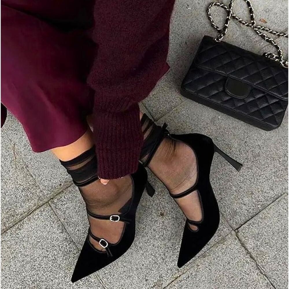 ZARA Velvet Mary Jane Heels NWT Black Pointed Toe Multi Strap Pumps Size 9 - Picture 8 of 16